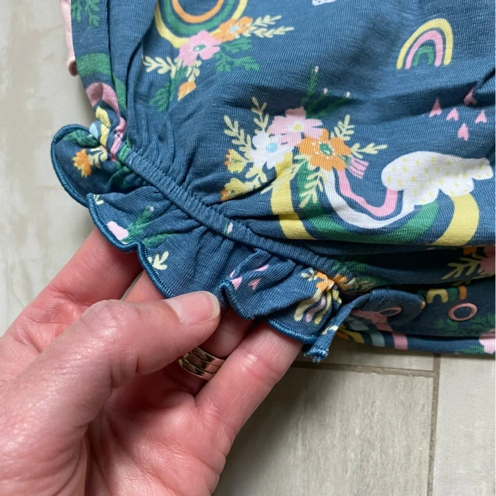 NWT RuffleButts Dark Blue & Pink Floral Rainbows Ruffles Bubble Romper, 0-3M